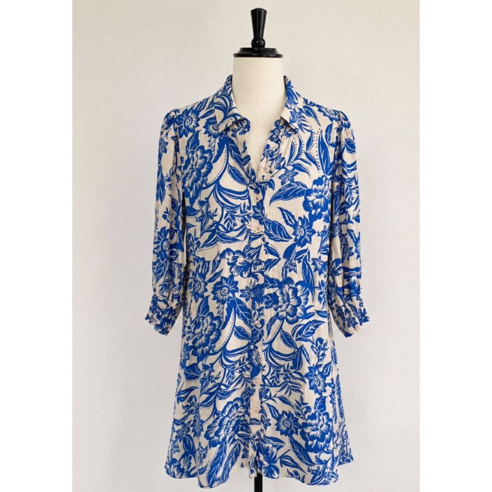 Cabi Athena Dress 6149 Blue Cream Floral Button Front Shirt Dress Pockets  Small